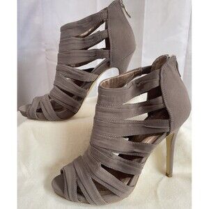 BCBG Jubilees Taupe Bandage Spike 4.5” Stiletto Heels Open Toe Zipper 7.5 M 37.5